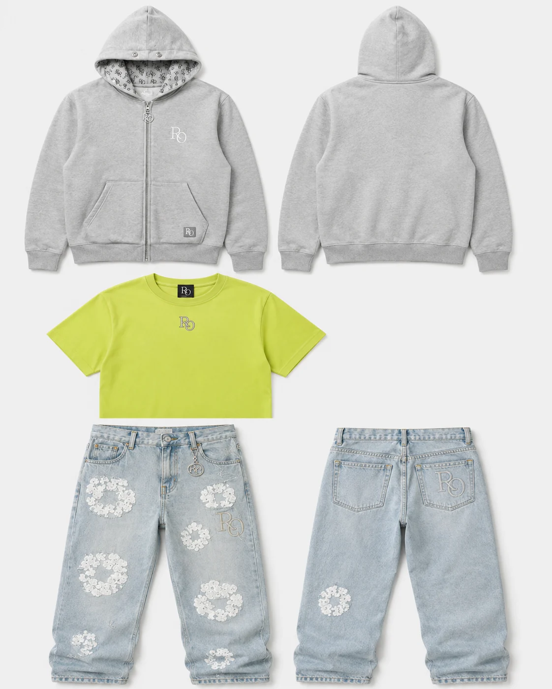 Rare Order hoodie, acid tee and cloud denim product views